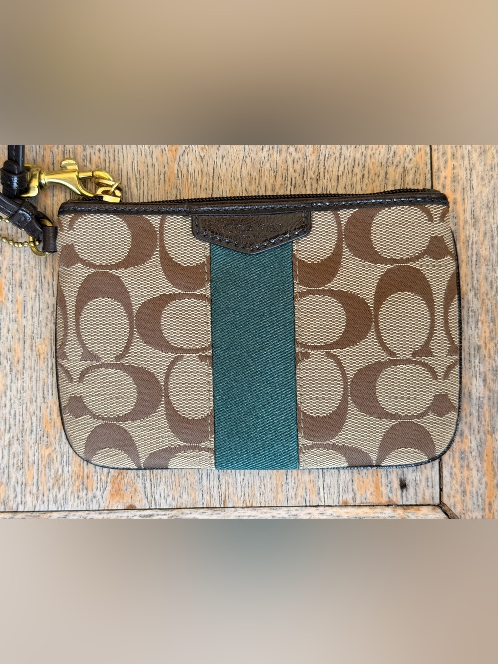 Coach - Khaki Brown Signature "C" Wristlet - Green Stripe - #F51158 with fob
